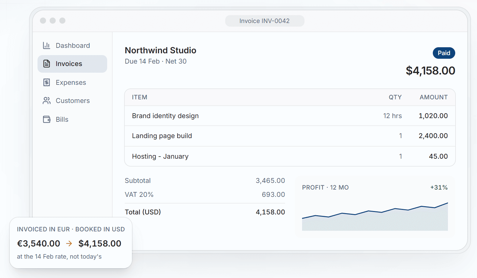 Account Trail invoice view with line items, VAT, a total in US dollars, a 12-month profit chart and a euro invoice booked in dollars (sample data)