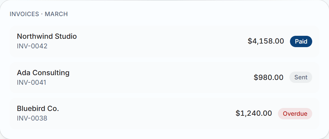Account Trail invoice list with paid, sent and overdue invoices (sample data)
